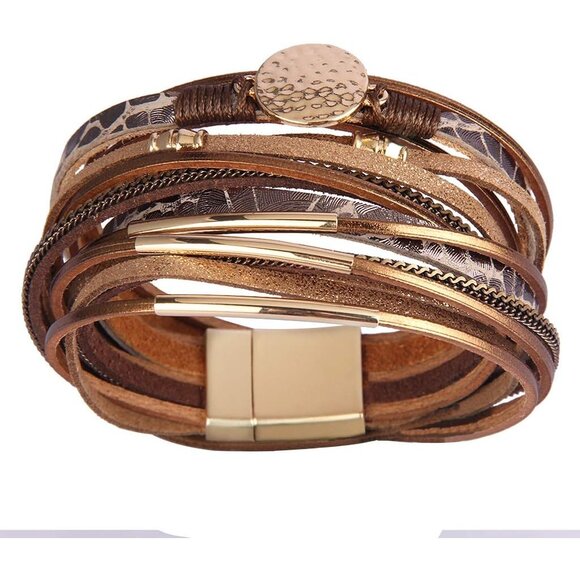 Fashionable Leather Bracelet for Women with Gold Tube - Perfect for Any Occasion - Picture 4 of 7